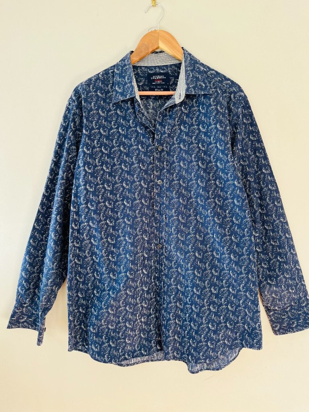 Charles Tyrwhitt Sz L Classic Fit Blue Leaves Patterned Long Sleeve Dress Shirt